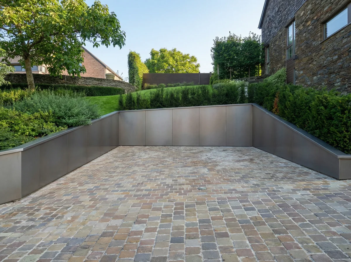 Terrasse en pavés avec bordures contemporaines en acier