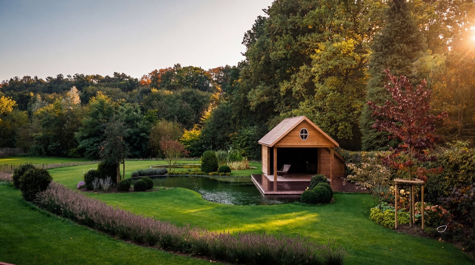 Bassin central dans jardin champetre