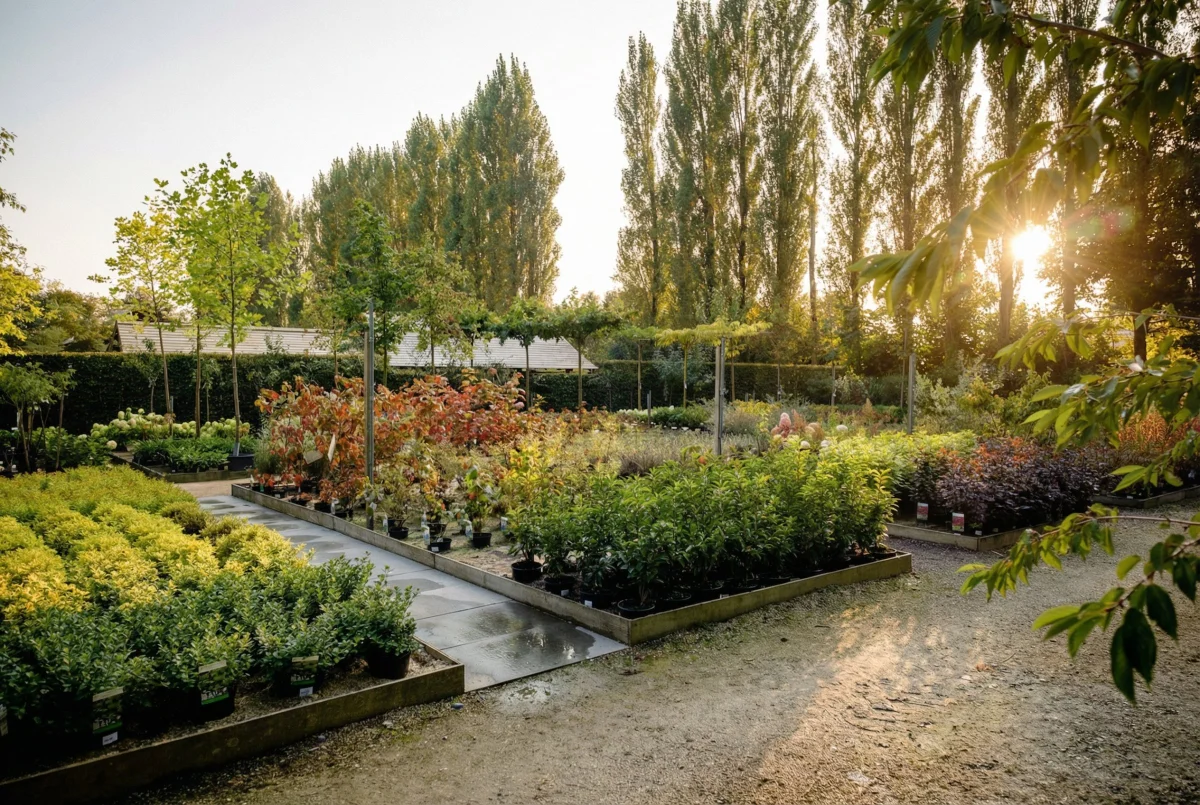 Pepiniere du showroom avec arbustes et vivaces en pots au soleil couchant
