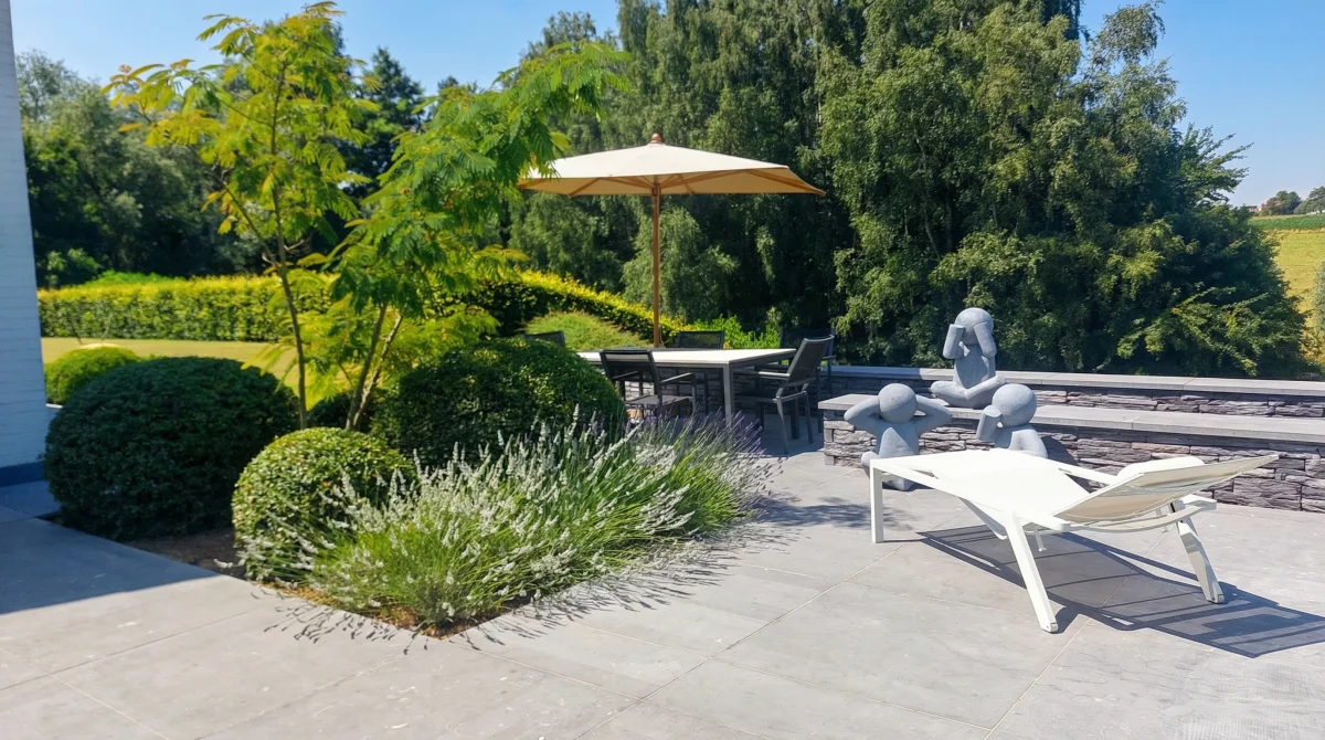 Terrasse salon avec transats et graminées ornementales