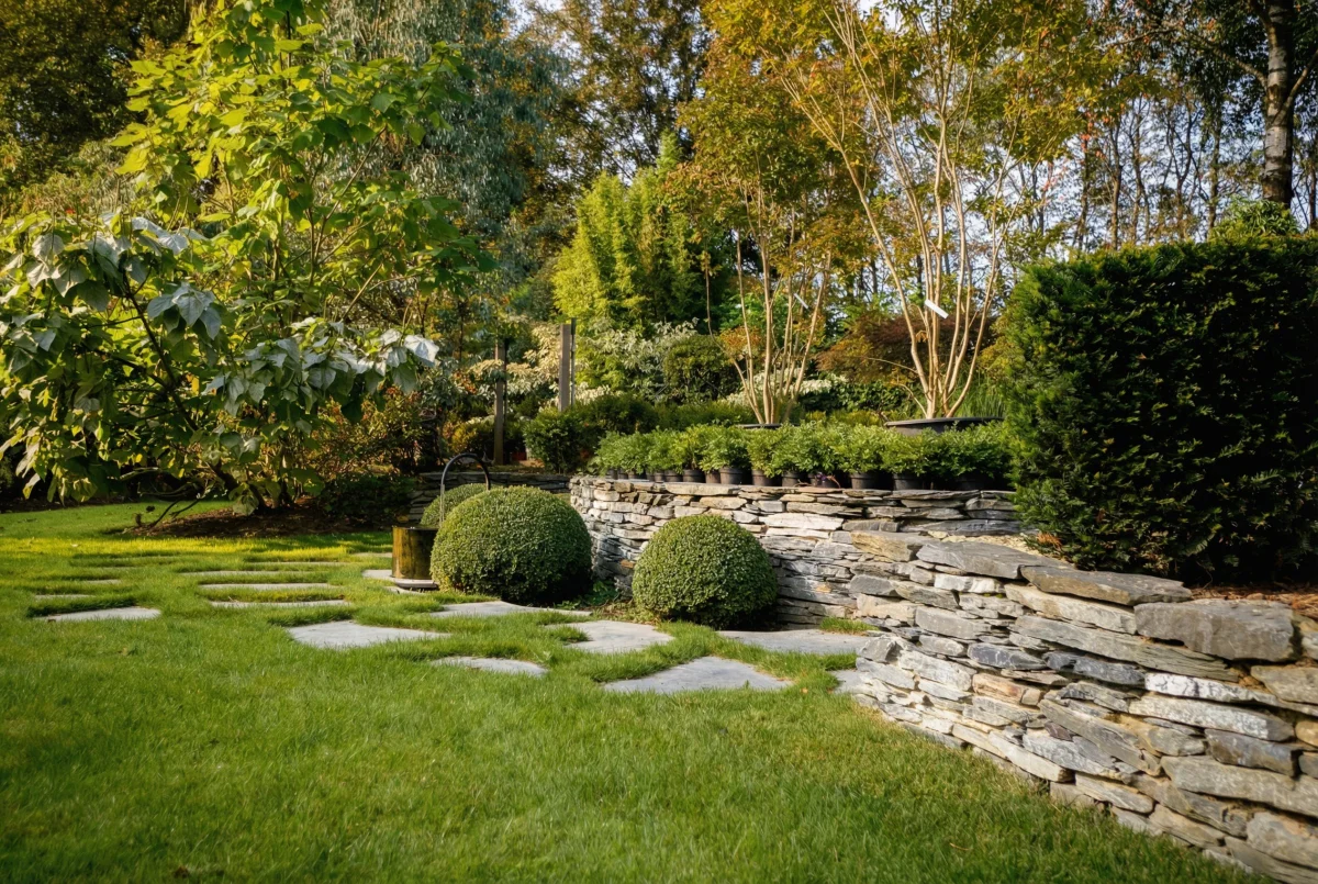Allee de pas japonais avec buis sculptes et muret en pierre naturelle