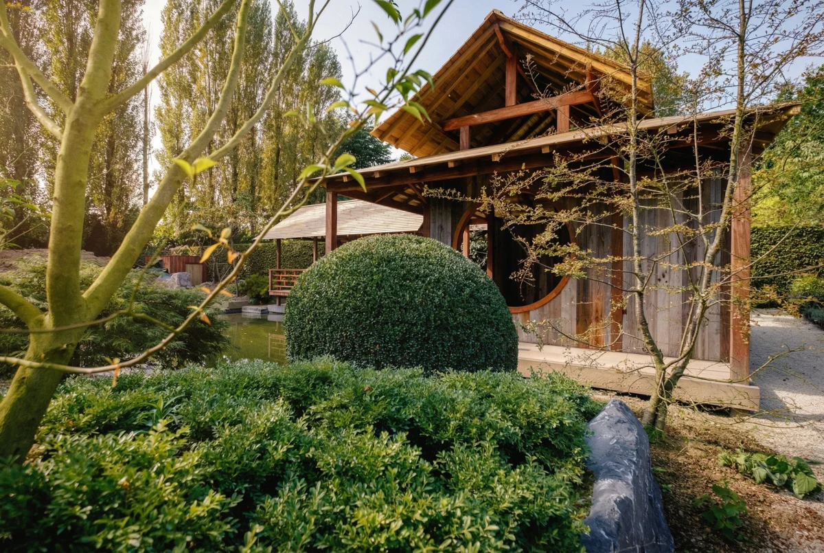 Pavillon japonais en bois avec ouverture circulaire et buis taille en boule