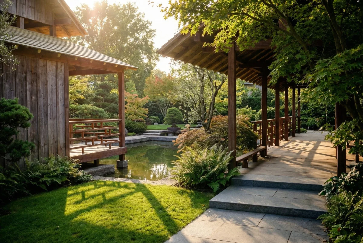 Pergola et passerelle couverte en bois avec bassin et vegetation en contre-jour