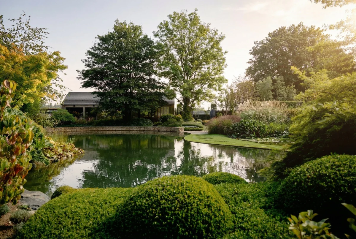 Piece d'eau ornementale avec buis sculptes, arbres matures et pavillon en arriere-plan