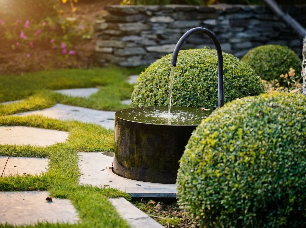Fontaine decorative en metal avec boules de buis et pas japonais en pierre