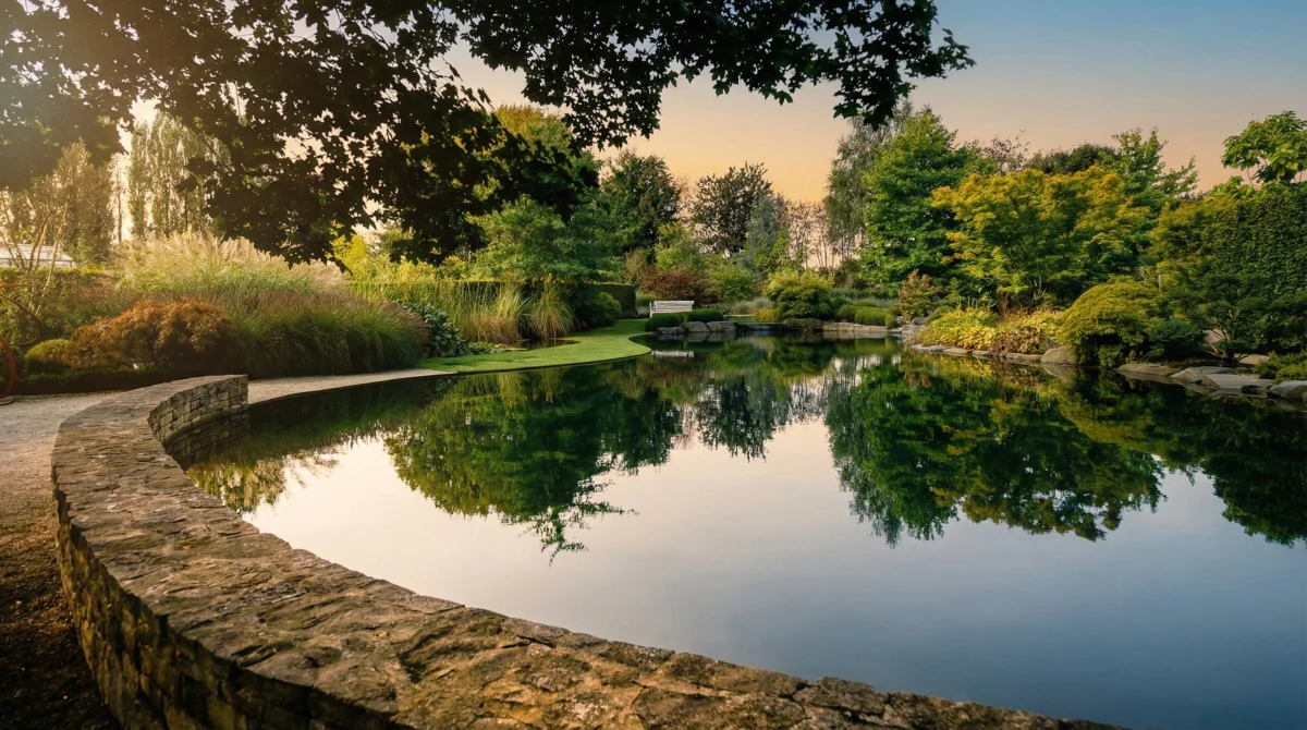 Grand bassin naturel avec reflets au coucher du soleil et vegetation luxuriante