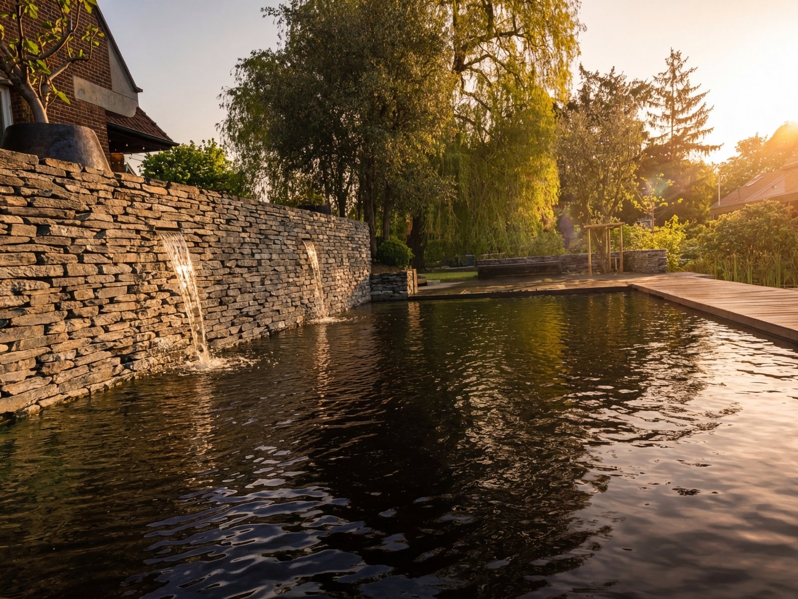 Piscine naturelle avec lagunage et terrasse en azobe